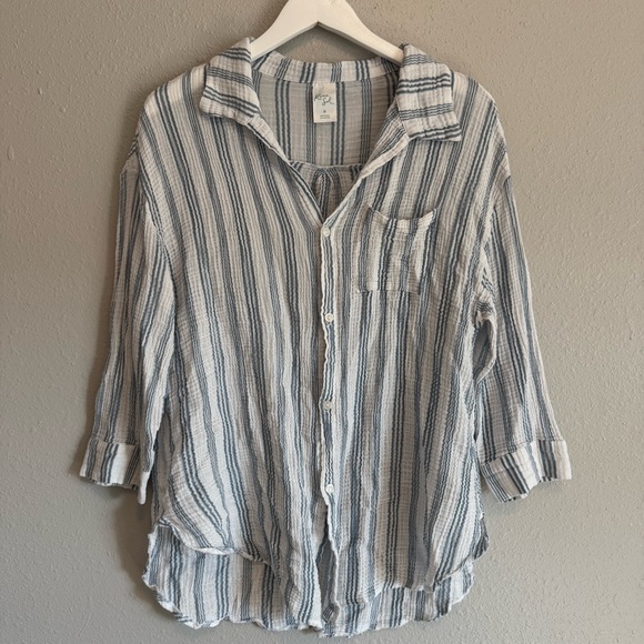 Kona Sol Tops - Softest Cotton Blue Striped Oversized Button Down Coastal Grandma Boho Chic